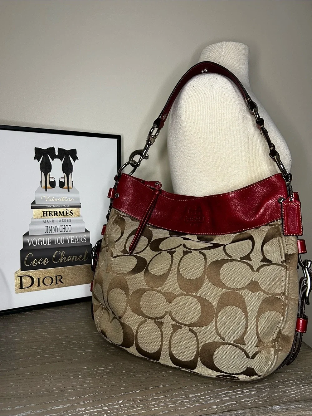 Coach Zoe Signature C Hobo Shoulder Bag  Khaki Jacquard Red Leather Trim